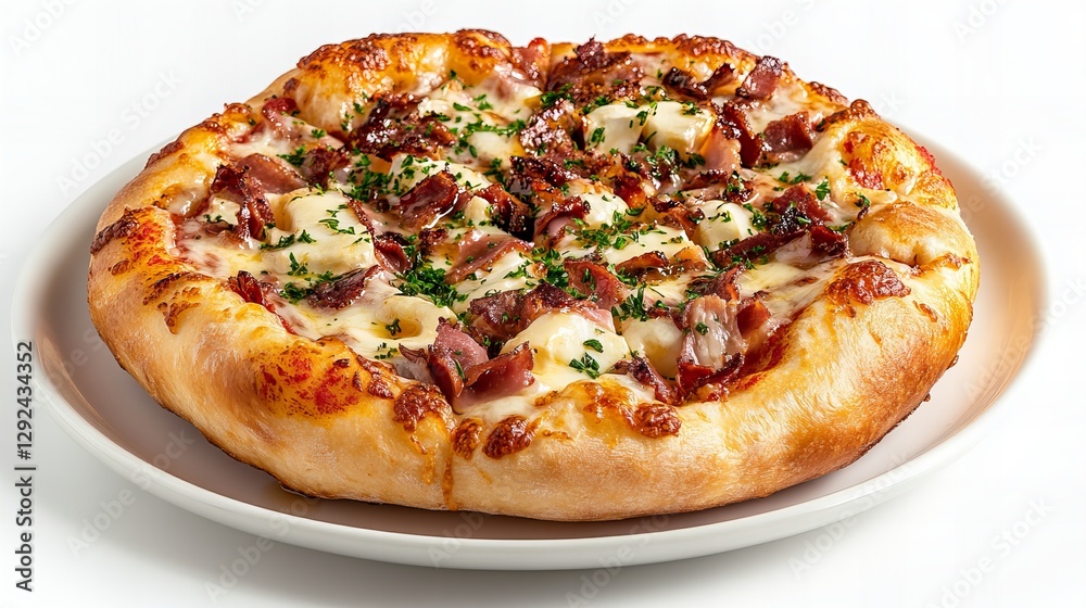 A delicious pizza with melted cheese, savory meat, and fresh herbs. The golden-brown crust is perfectly baked, making it an appetizing treat. A delicious pizza with melted cheese, savory meat, and fresh herbs. The golden-brown crust is perfectly baked, making it an appetizing treat.