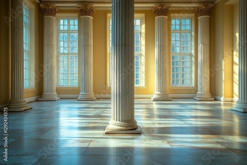 Classical white marble column in minimalistic setting showcasing intricate capital details