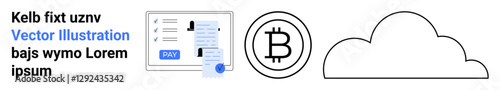 Laptop screen with payment details, Bitcoin logo, cloud symbol in abstract line design. Ideal for fintech, e-commerce, cryptocurrency, cloud storage, blockchain, online payments technology flow