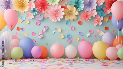 un muro o pared de un cuarto o habitacion colorida con decoraciones de flores de papel y globos de colores vibrantes para diseño de cumpleaños o festejo infantil o femenino 
