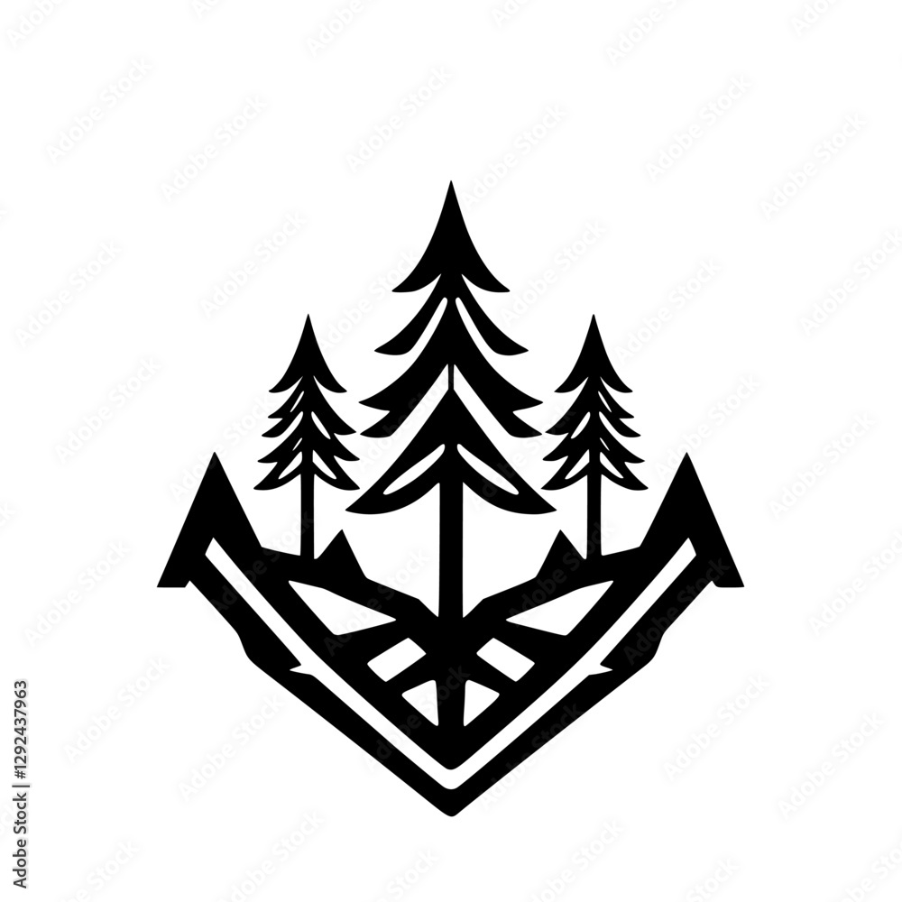 Fototapeta premium Silhouetted Pine Trees and Mountain Anchor on White Background, Geometric.