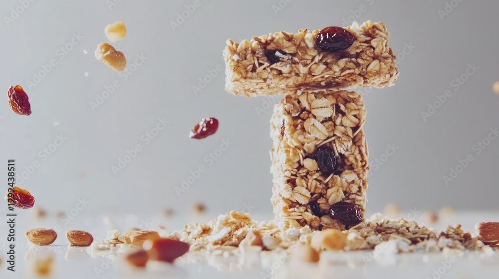 Two granola bars studio shot, nuts & raisins falling, healthy snack food photography Two granola bars studio shot, nuts & raisins falling, healthy snack food photography
