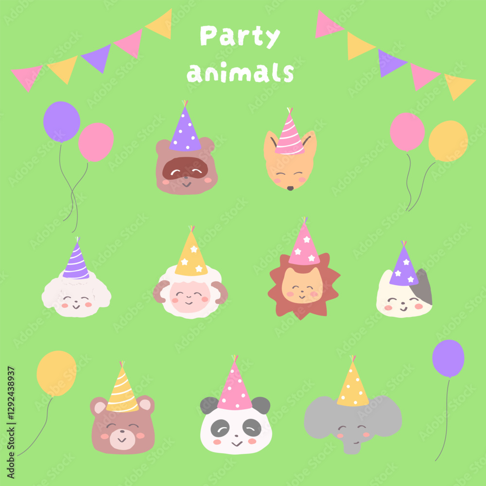 ポップな動物のバースデー素材 手書き アナログ ゆる可愛いイラスト ポップな動物のバースデー素材 手書き アナログ ゆる可愛いイラスト