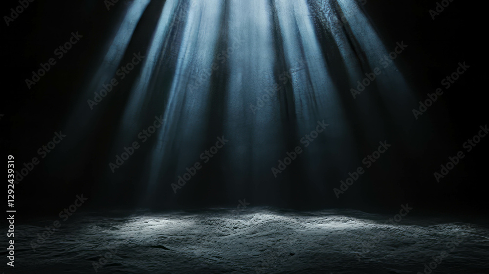 Sunlight stream through forest canopy creating ethereal light pillars in a darkened environment Sunlight stream through forest canopy creating ethereal light pillars in a darkened environment