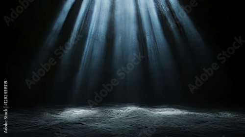 Sunlight stream through forest canopy creating ethereal light pillars in a darkened environment