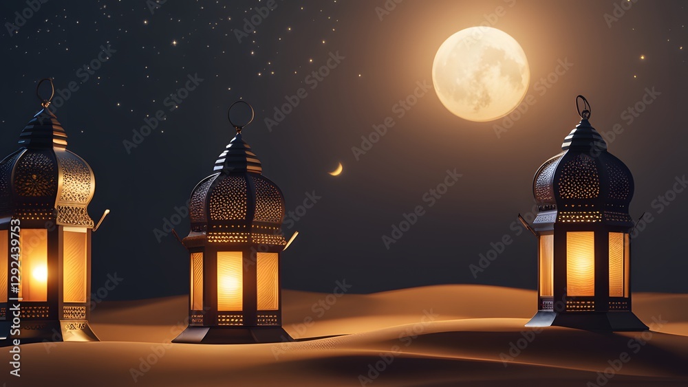 Ramadan Kareem night scene with glowing lanterns, crescent moon, and mosque in the desert. Ramadan Kareem night scene with glowing lanterns, crescent moon, and mosque in the desert.