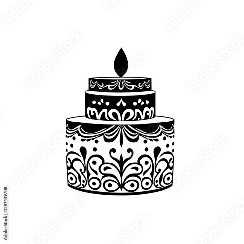 Black and White Cake with a Candle Flame and Ornamental Pattern