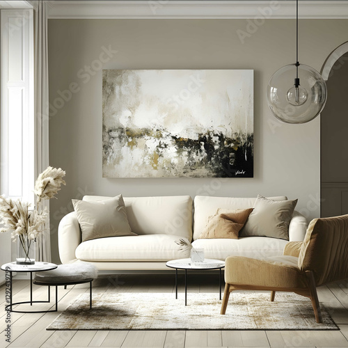 a living room with empty space on the wall for an acrylic picture 40 inches wide by 30 inches high Which will be used for showing a product that will be sold
