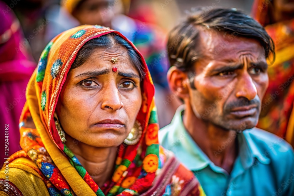 Obraz premium Doleful Woman Missing Parents, Vibrant Colorful Patterned Clothing, High Depth of Field