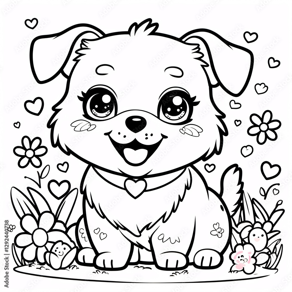 Playful Smiling Dog Line Art with Friendly Face for Kids Book Covers and Fun Interactive Coloring Pages to Spark Learning in Kids Drawing Illustration with Heart and Flowers Playful Smiling Dog Line Art with Friendly Face for Kids Book Covers and Fun Interactive Coloring Pages to Spark Learning in Kids Drawing Illustration with Heart and Flowers