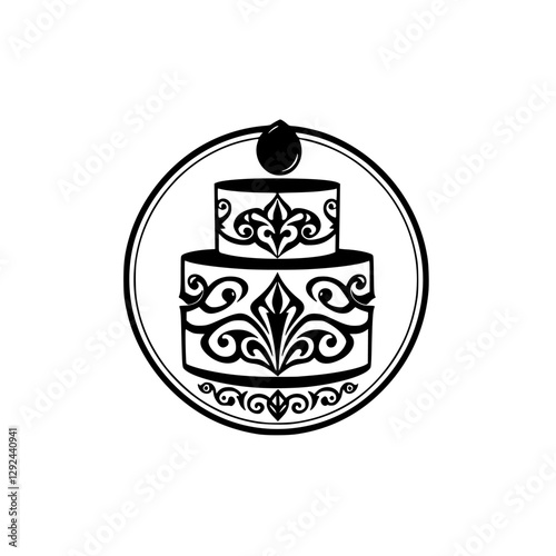 Minimalist Black and White Wedding Cake Logo, Circular Design with Two Tiers, Ornamental Detailing, & Droplet Top.