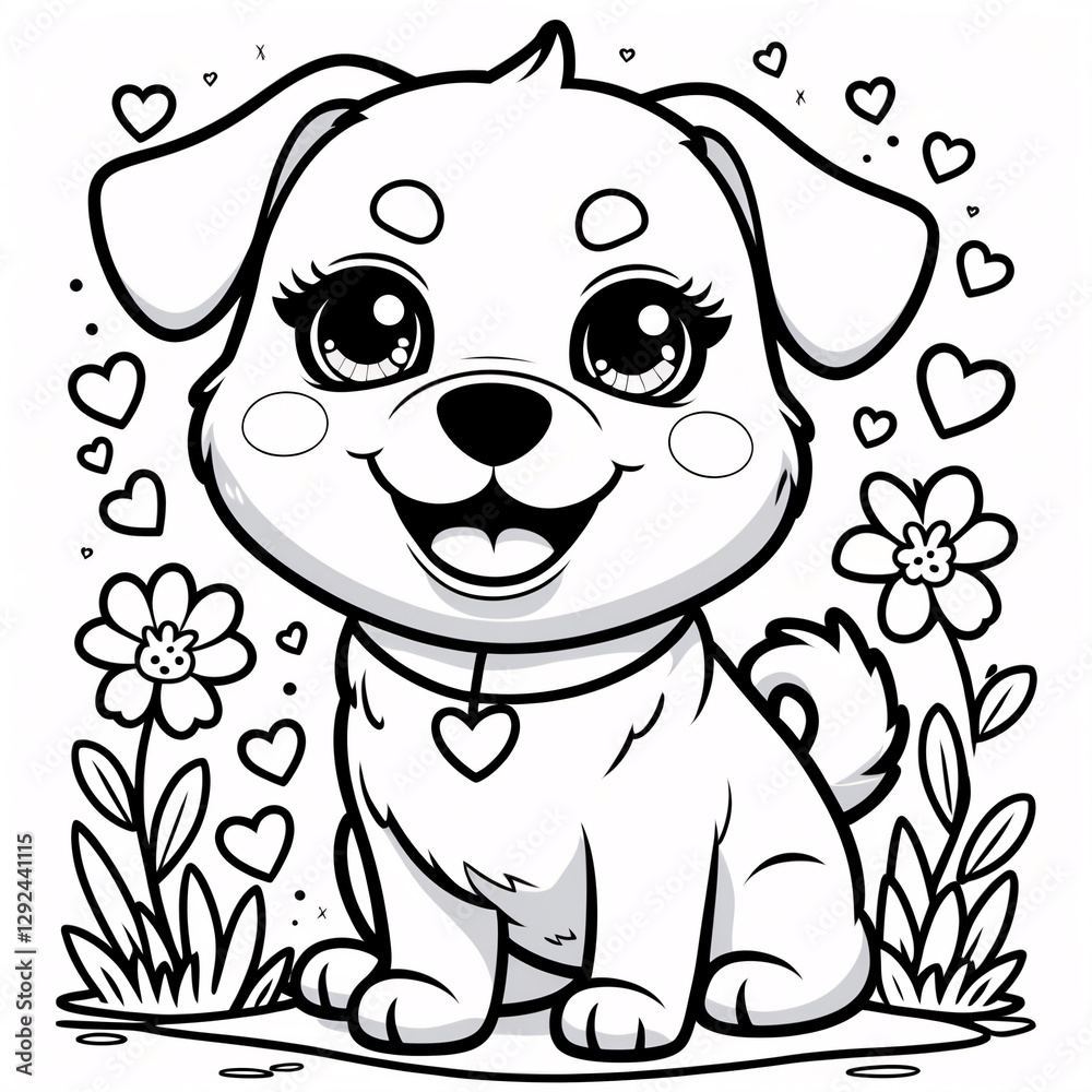 Obraz premium Sweet Puppy Line Art with Friendly Face for Kids Book Covers and Engaging Interactive Coloring Pages to Inspire Childrens Creativity Drawing Illustration with Heart and Flowers