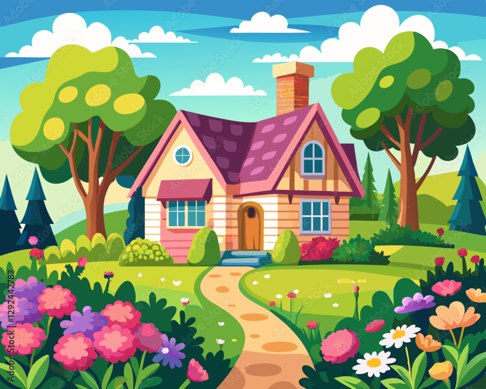 Fototapeta premium A cozy countryside cottage surrounded by a blooming flower garden.