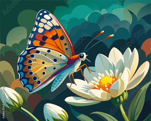 A close-up of a butterfly resting on a freshly bloomed flower.