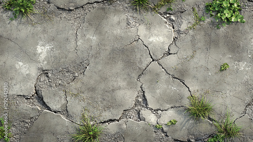A cracked concrete pavement with grass and weeds growing through, blending urban decay and nature in a gritty industrial scene.