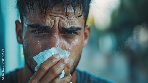 Close-Up of Sweaty Young Man Wiping Face with Tissue in Outdoor Setting