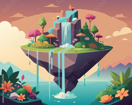 A floating island covered in colorful flowers and waterfalls cascading from its edges.