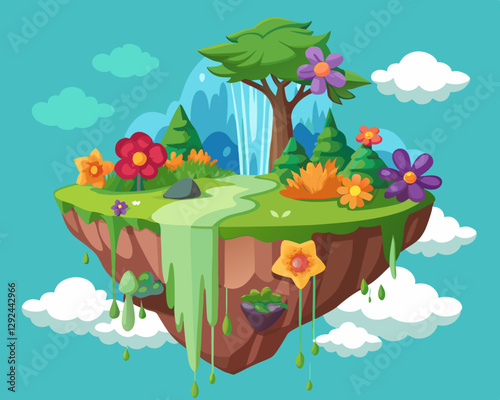 A floating island covered in colorful flowers and waterfalls cascading from its edges.