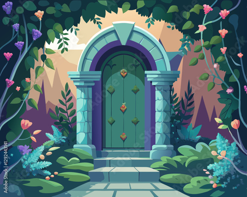 A magical doorway covered in ivy and blossoms, leading into an enchanted garden.