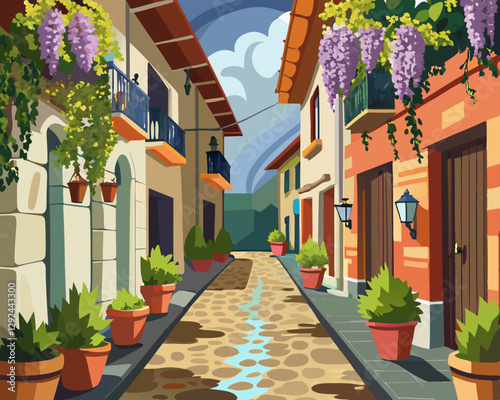 A rain-kissed cobblestone street lined with flower pots and hanging wisteria.