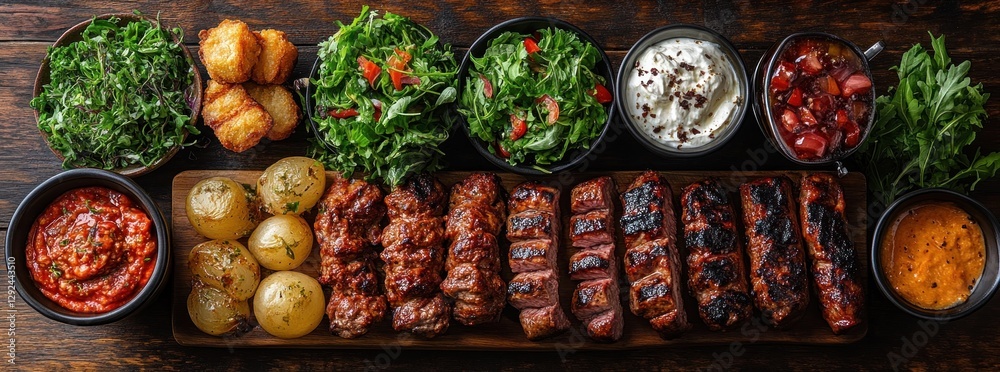 Summer BBQ Grilled Foods Refreshing Drinks Overhead View Food Picnic Banner Background Summer BBQ Grilled Foods Refreshing Drinks Overhead View Food Picnic Banner Background