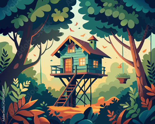A whimsical treehouse hidden among flowering trees, covered in vines.