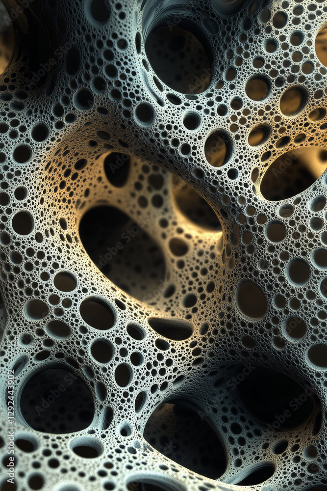 Intricate abstract structure with organic shapes and holes, showcasing blend of light and shadow. This visually captivating design evokes sense of depth and complexity