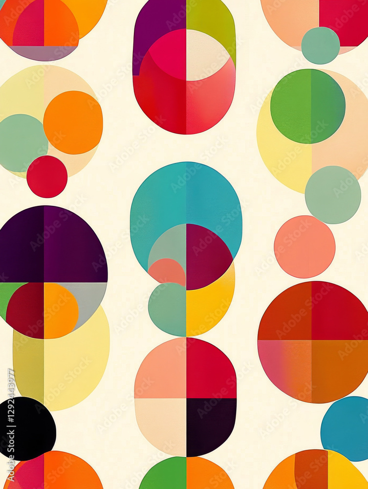 Colorful abstract circles and shapes create vibrant pattern on light background, showcasing blend of geometric forms and hues that evoke sense of joy and creativity Colorful abstract circles and shapes create vibrant pattern on light background, showcasing blend of geometric forms and hues that evoke sense of joy and creativity