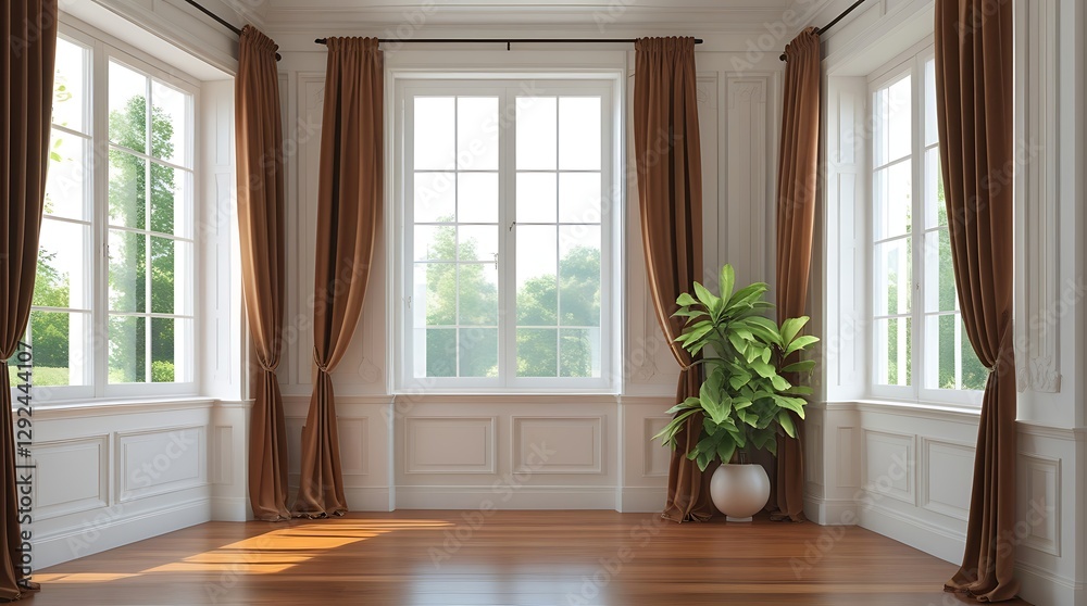 Fototapeta premium Elegant classic interior with tall windows, brown curtains, and a potted green plant, featuring natural light, wooden flooring, and white wall paneling, perfect for backgrounds or decor themes 