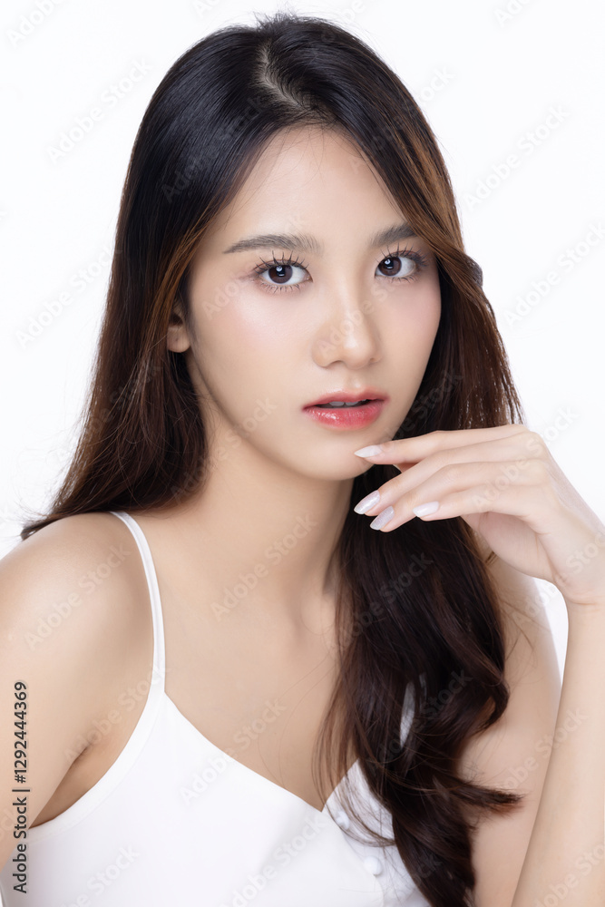 Young Asian beautiful woman with K-beauty make up style and healthy and perfect skin isolated on white background for skincare commercial product advertising. Young Asian beautiful woman with K-beauty make up style and healthy and perfect skin isolated on white background for skincare commercial product advertising.