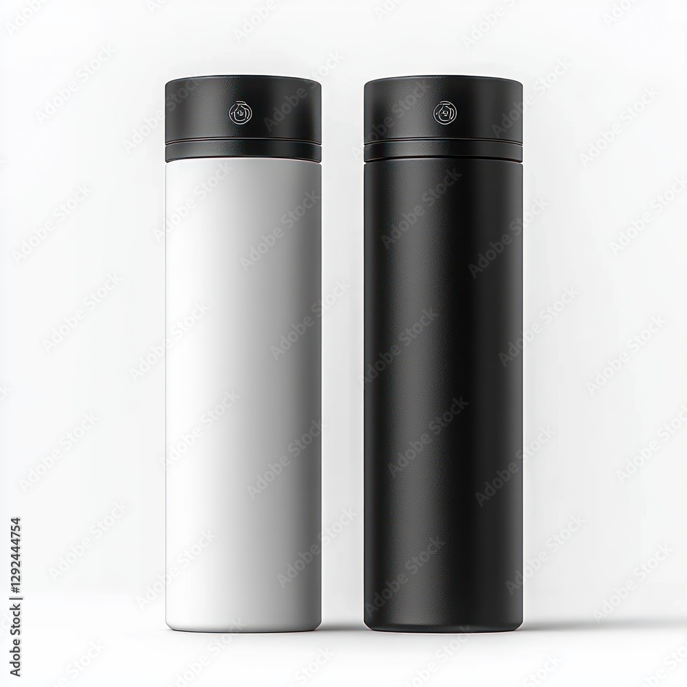 Sleek black and white insulated travel thermos bottle mockup isolated on high-contrast background Sleek black and white insulated travel thermos bottle mockup isolated on high-contrast background