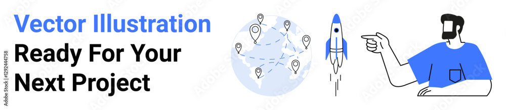 Globe with location markers connected by lines, rocket launching, and man pointing toward ideas. Ideal for technology, innovation, startup, business, education global networking marketing. Flat Globe with location markers connected by lines, rocket launching, and man pointing toward ideas. Ideal for technology, innovation, startup, business, education global networking marketing. Flat