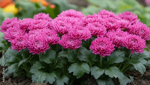 Pink Chrysanthemum Cluster in Garden Bed photo