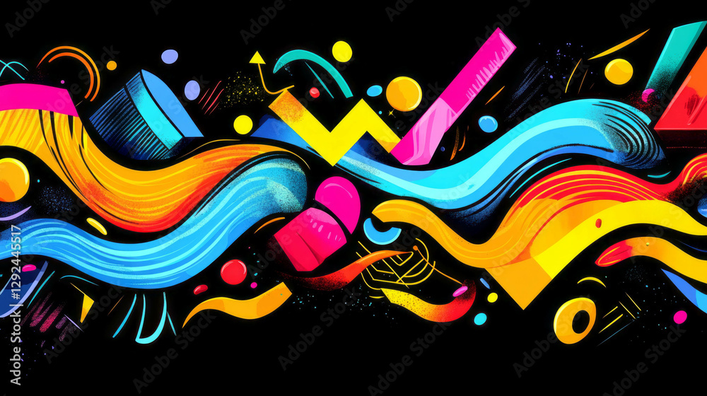 Naklejka premium Vibrant abstract background with colorful wavy lines, squiggles, and geometric shapes