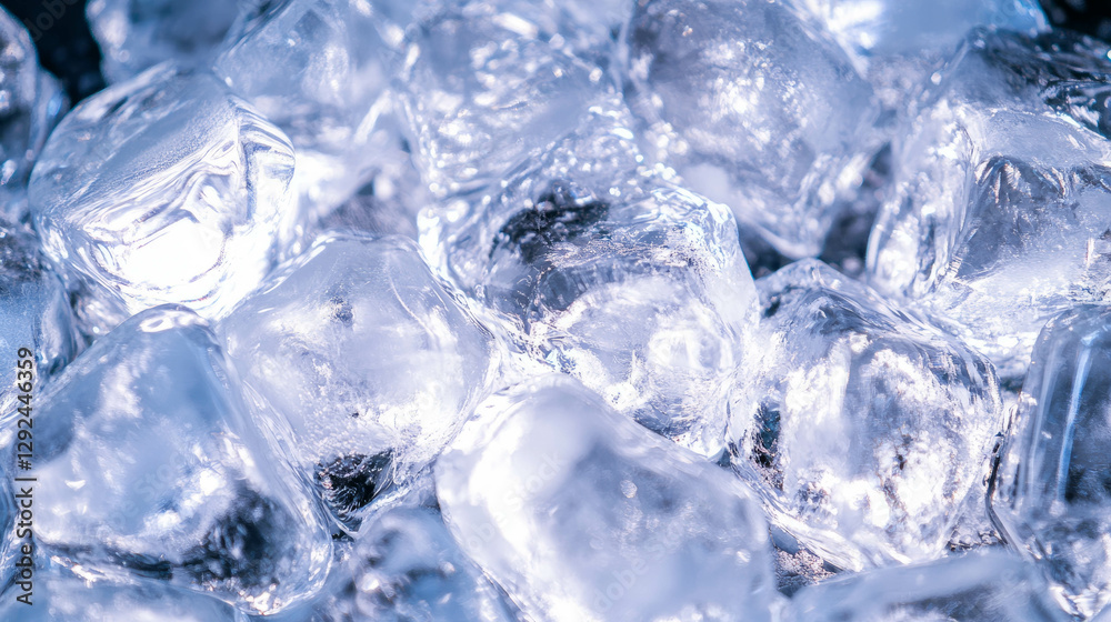 Chilled elegance: close-up of white light reflecting on ice cubes for cooling concepts Chilled elegance: close-up of white light reflecting on ice cubes for cooling concepts