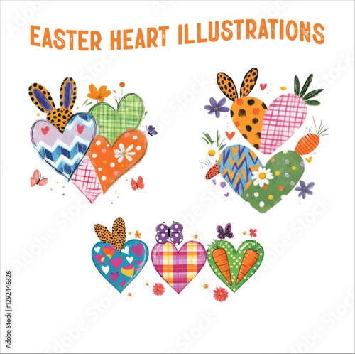 Watercolor Easter Heart Illustration Set. Cute Easter Heart Illustration Bundle.