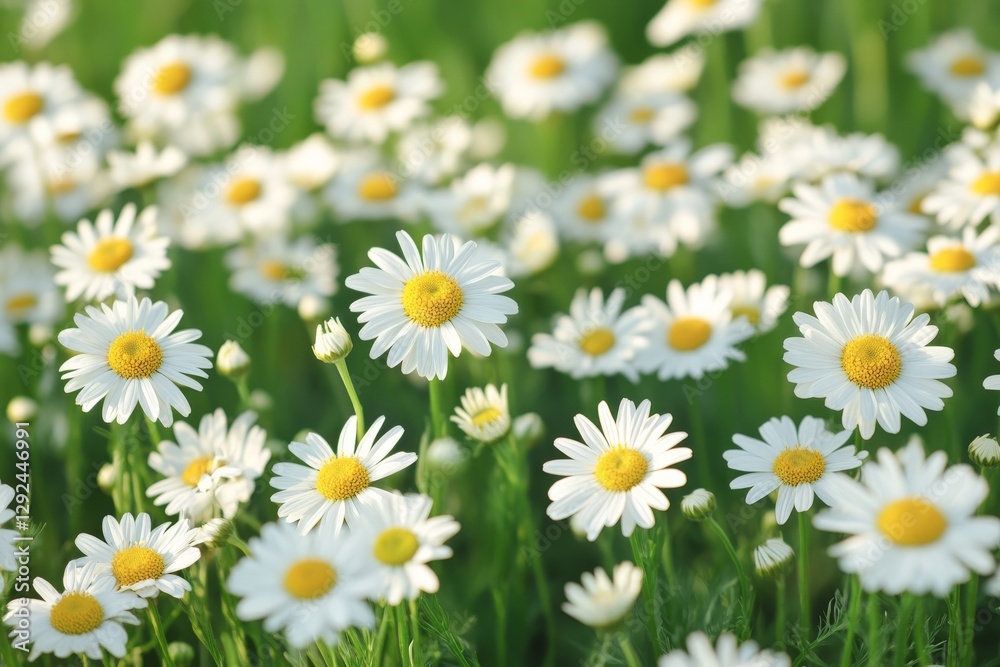 Fototapeta premium Daisies bloom vibrantly in a lush green field during springtime, creating a picturesque and serene natural landscape