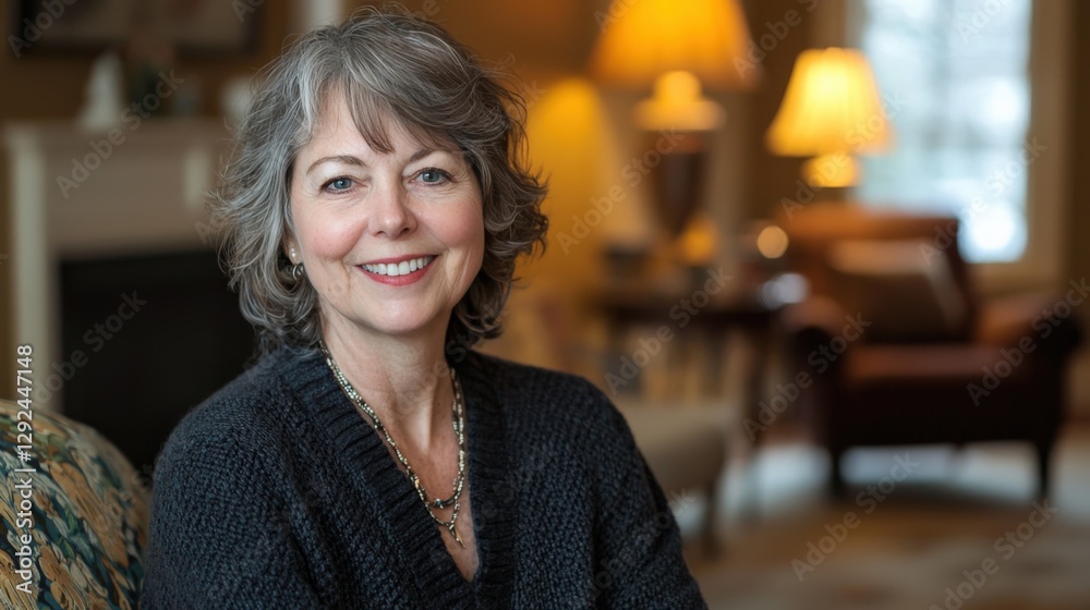 Fototapeta premium Cheerful Senior Woman Smiling in Cozy Home Setting with Warm Lighting
