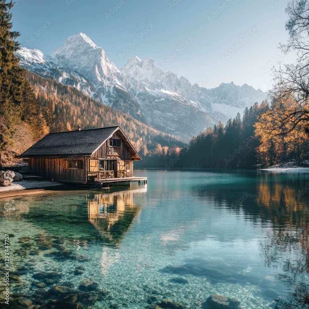 Fototapeta premium Alpine Lakeside Cabin Reflecting in Crystal Clear Water