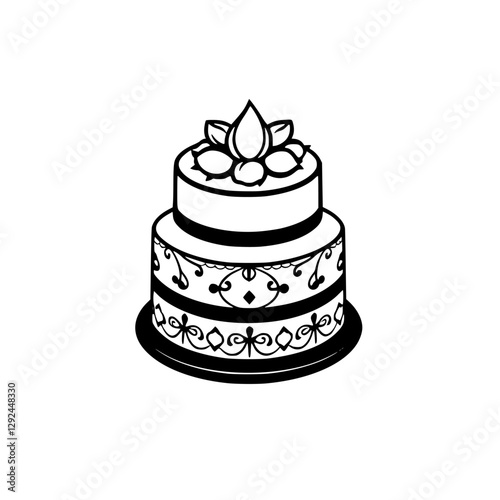 Elegant Two-Tiered Cake with Floral Topper and Intricate Decorative Detailing, Black and White.