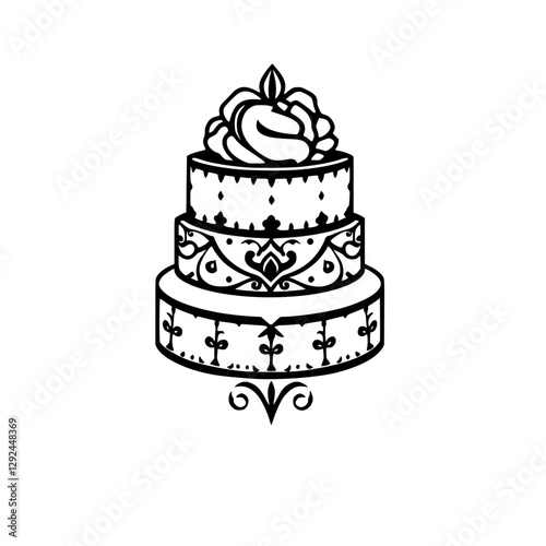 Black and White Decorative Three-Tiered Cake with a Rose Topper, Minimalist and Elegant Design.