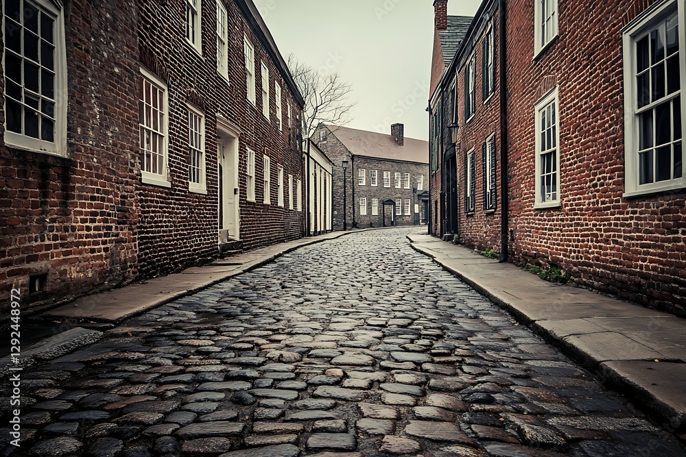 Fototapeta premium Cobblestone street winding through a historic brick building town