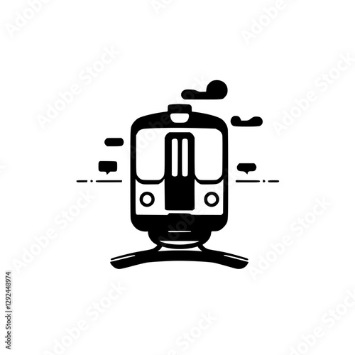 A black and white illustration of a train from the front, with stylized features.