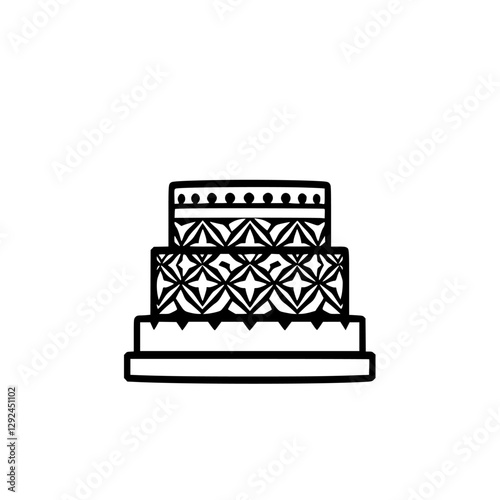 Minimalist black and white cake, three tiers, with geometric pattern, on white background.