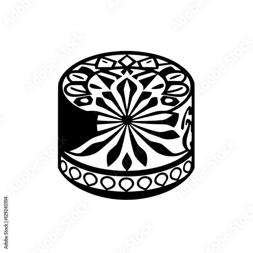 A black and white illustration of an object with an elliptical shape containing floral ornaments and a stylized central flower design.