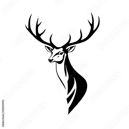 A stylized black and white portrait of a majestic stag, showcasing antlers and a deer's form. The drawing emphasizes sharp lines and a clean design.