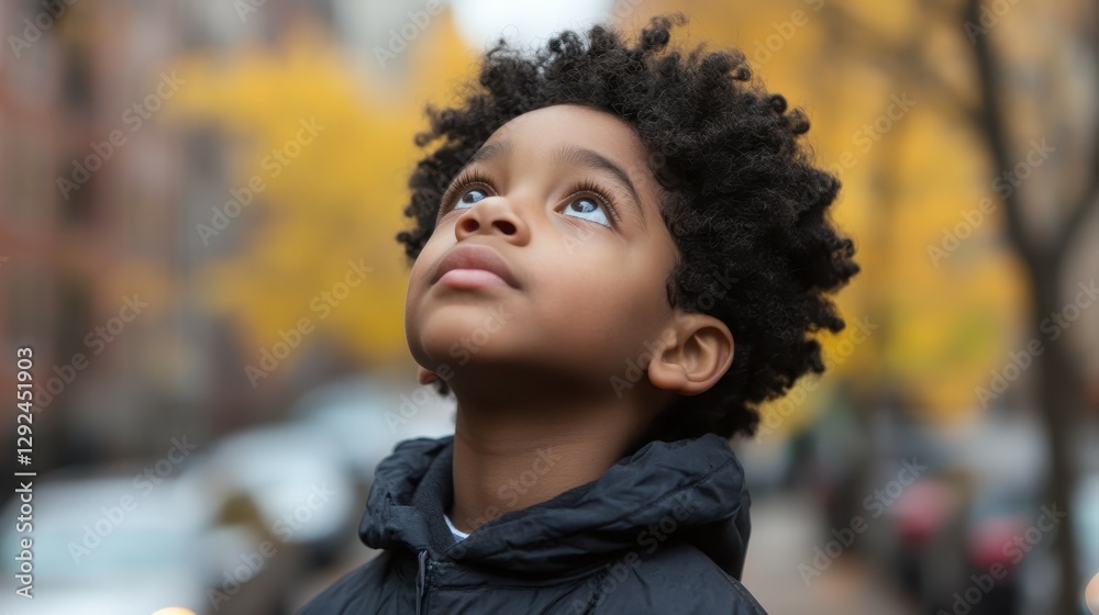 A young boy with curly hair looks up thoughtfully while standing on a city sidewalk. Vibrant autumn leaves frame the backdrop, creating a serene atmosphere on a chilly day A young boy with curly hair looks up thoughtfully while standing on a city sidewalk. Vibrant autumn leaves frame the backdrop, creating a serene atmosphere on a chilly day