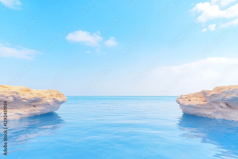 Serene Coastal Vista: Light-Colored Rocks Framing a Calm Azure Sea Under a Blue Sky