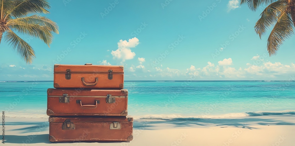 Obraz premium Suitcases stacked on tropical beach with turquoise sea and palms