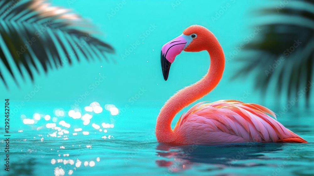 Naklejka premium Flamingo Float in Turquoise Ocean Summer Pool Scene 3D Rendering